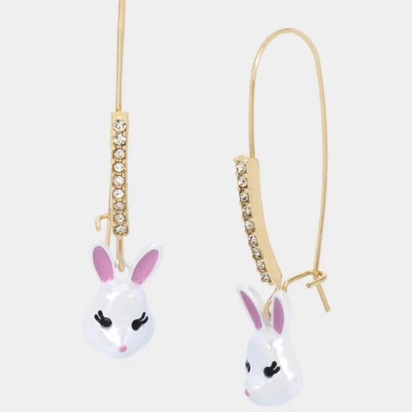 BETSEY JOHNSON White Easter Bunny Crystal-Studded Shepherd’s Hook Earrings NWT - Picture 1 of 2